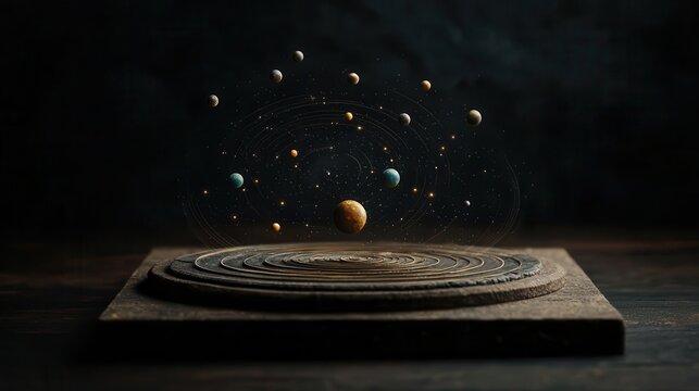 Floating solar system projected from ancient stone tablet, myth meets science theme