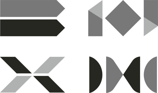 Set of four monochromatic geometric symbols featuring simple flat shapes in various gray color tones
