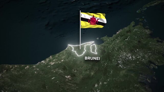 Brunei Map Animation and 3D Waving Brunei National Flag, Glowing Border Animation on World Map