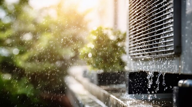 Air conditioner outdoor unit getting wet from heavy rainfall and water dripping down, illuminated by an afternoon sun flare with green foliage in the background