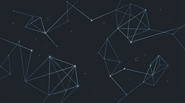 Abstract 3D geometric network of interconnected glowing white nodes and lines on black background, futuristic digital data flow concept, cyber technology innovation, minimalist high-tech design