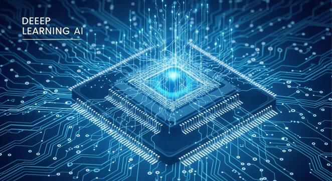 Close up futuristic microchip central processing unit.