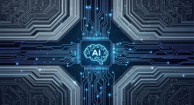 Close up AI processor microchip with intricate circuitry.