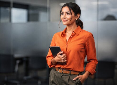 A confident young woman with dark hair tied back wears a vibrant orange button-down shirt while standing in a modern office, holding a sleek digital tablet device securely against her side today.