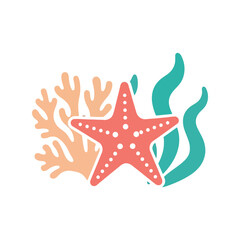 Starfish and Coral Vector Illustration with Seaweed in Flat Cartoon Style for Summer Designs © azad