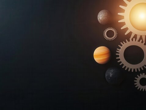 Solar system depicted as clock gears, planets rotating in mechanical orbits, timespace metaphor