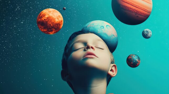 Surreal dreamscape with planets orbiting child s head in sleep, imagination and cosmos