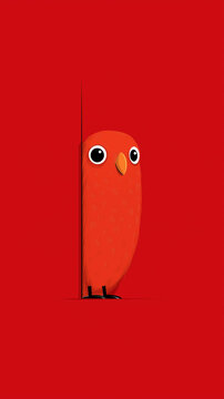 An orange cartoon owl peeks around a red corner