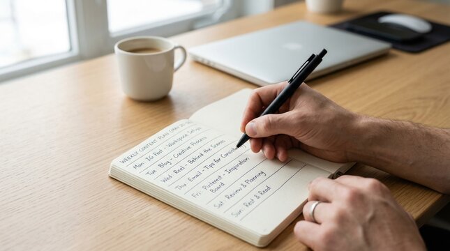 Hand writing a weekly content plan in a notebook on a wooden desk beside coffee, laptop and mouse, creating a calm home office scene for planning, blogging and productivity concepts