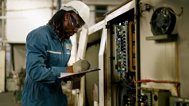 Electrician technician maintenance inspection of electrical panel factory safety protocol with hard hat protective eyewear glove and checklist during control panel machinery inspection for compliance