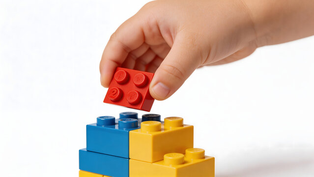 Hand placing red Lego block on colorful structure