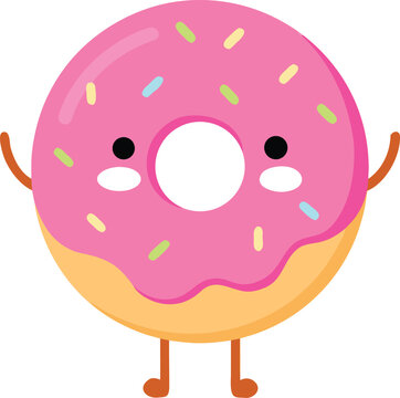 Pink glazed donut character with sprinkles and happy face vector art