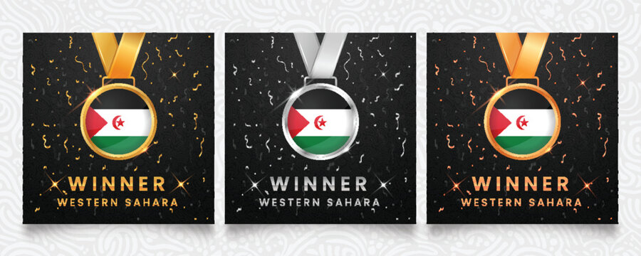 Shiny winner medals (gold, silver, bronze) featuring the flag of Western Sahara. Vector awards with glitter and confetti for achievement, excellence, and national pride on a dark background.