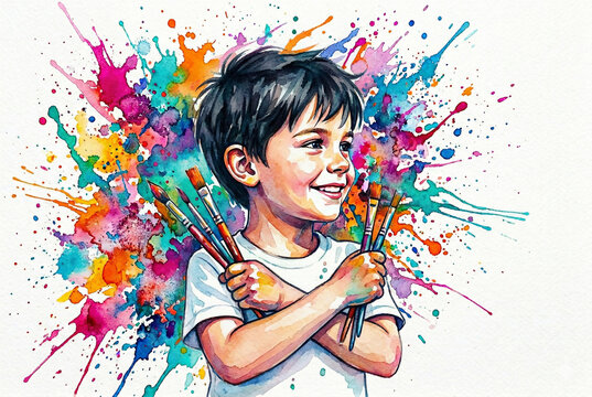 Happy Child with Colorful Paint Splash Creativity Concept