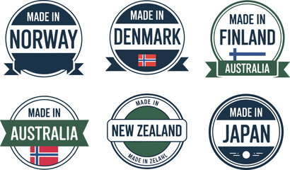 Obraz premium Set of circular badges featuring national country origin labels for global trade and merchandise branding products