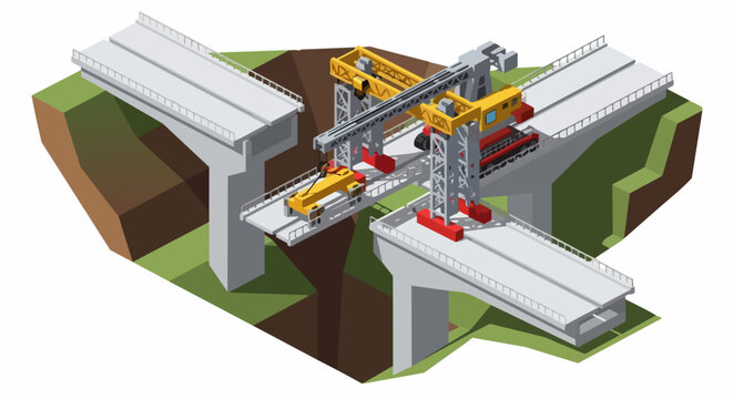 Isometric 3D Illustration of Bridge Construction Site featuring a Heavy Girder Launcher Crane and Concrete Infrastructure Development
