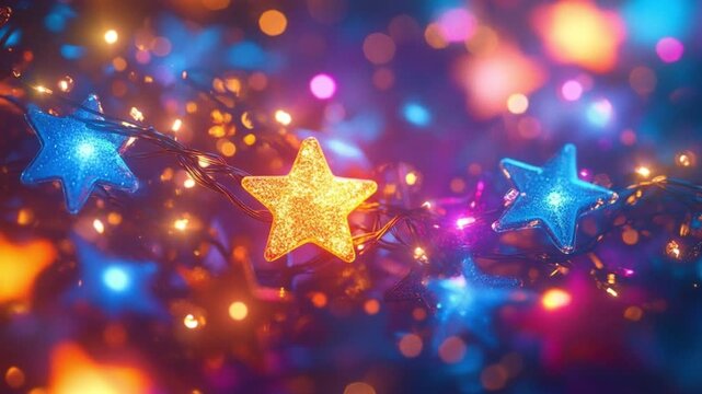 Abstract background featuring glowing star shaped string lights flickering with colorful bokeh soft focus festive mood