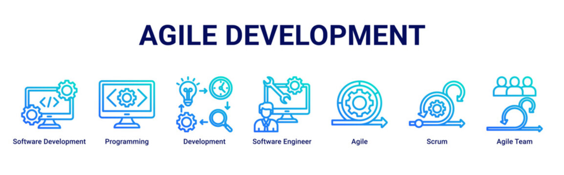 Agile Development devops banner with programming,software engineering and scrum workflow icons for modern development process