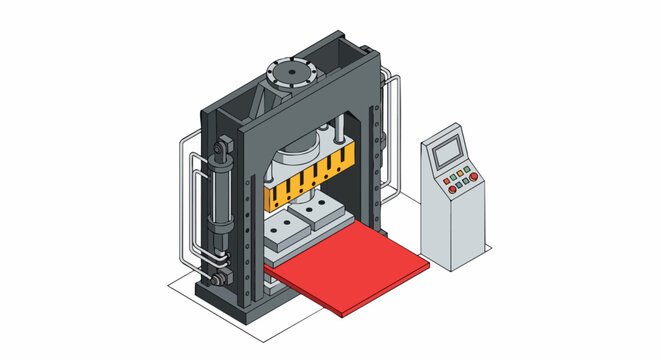 Industrial Hydraulic Press Machine with Control Panel - Isometric Vector Illustration of Manufacturing Equipment