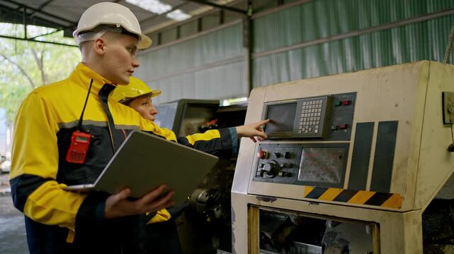 Industrial worker and machine operator factory with CNC machine, hard hat safety, manufacturing engineering control panel for production, teamwork maintenance and checklist compliance inspection