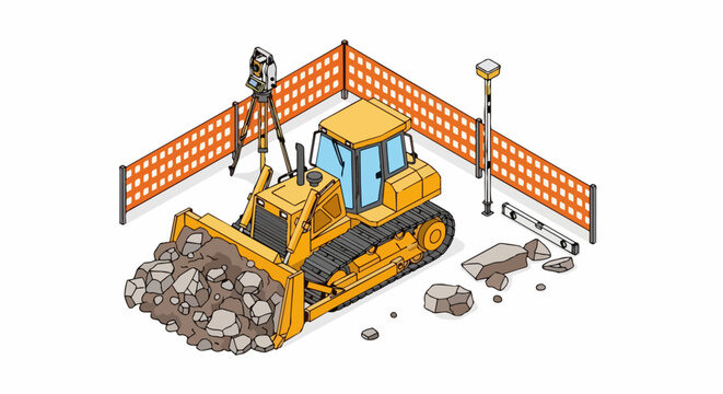 Isometric Construction Site Illustration with Yellow Bulldozer, Surveying Total Station, and Safety Barriers