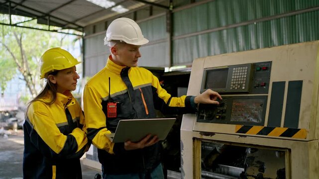Industrial worker, factory technician using laptop machine control panel manufacturing workshop safety helmet teamwork maintenance with engineer beside machinery, checking control panel operations