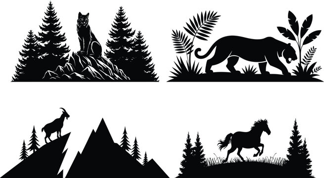 Black silhouettes of animals and trees on white background animal silhouettes tree silhouettes mountain silhouettes