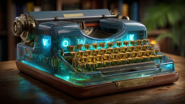 Futuristic typewriter with glowing blue keys on wooden desk