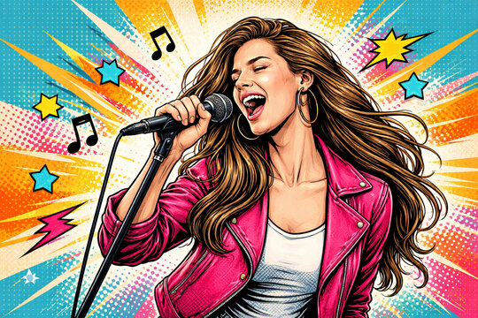 Female Singer Performing with Colorful Music Energy Illustration