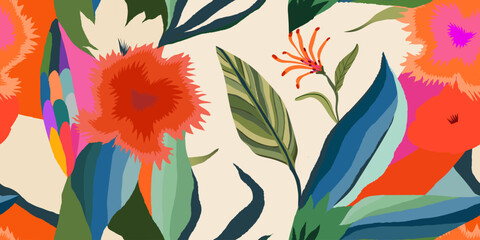 Obraz premium Abstract geometric fantasy flowers pattern. Dynamic bold print. Hand drawn unique template for design. 