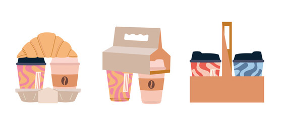 Takeaway set with coffee, croissant, cardboard carrier holder and tray. Breakfast and street food concept for cafe and bakery menu. Trendy modern vector illustration isolated on white, flat design