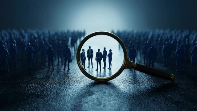 Magnifying Glass Focusing on a Small Group of Silhouetted Business People Within a Large Diverse Crowd Standing on Dark Surface