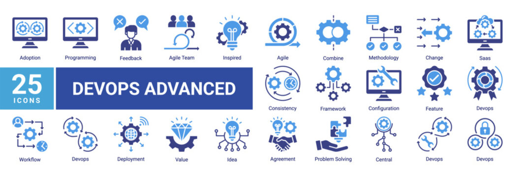 Advanced DevOps icon set including agile team,cloud saas,configuration,workflow integration and continuous improvement for scalable software engineering and system architecture