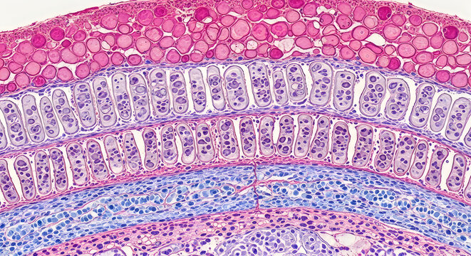 Microscopic image of human intestinal villi, detailed cellular structure, medical illustration, scientific research, biology study