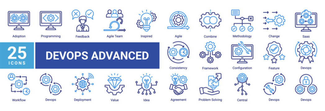 Advanced DevOps icon set including agile team,cloud saas,configuration,workflow integration and continuous improvement for scalable software engineering and system architecture