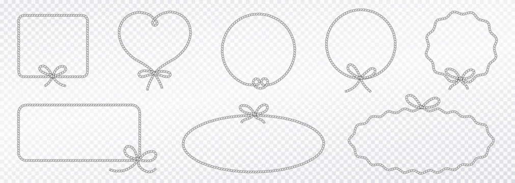 Rope frame set isolated on transparent background. Hand drawn twisted cord borders with bows, heart and round labels. Vector rope frames collection.