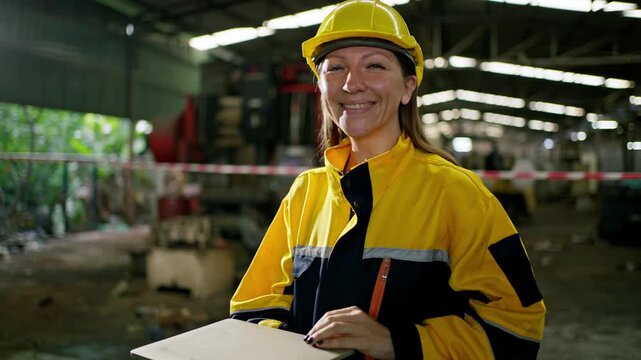 Female worker in hard hat and safety jacket in factory warehouse industry engineer and technician using clipboard and tablet for construction inspection, quality control and workplace safety