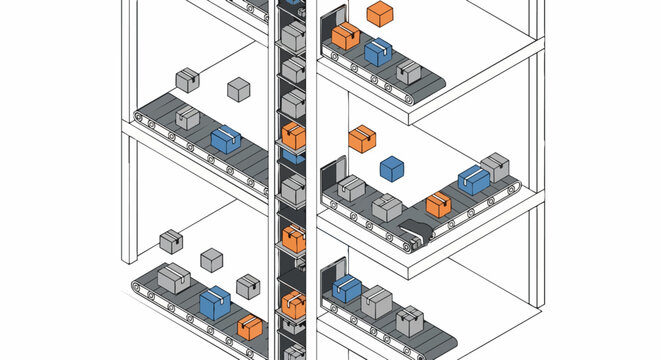 Isometric Automated Warehouse Logistics System with Conveyor Belts and Vertical Lift for Package Sorting