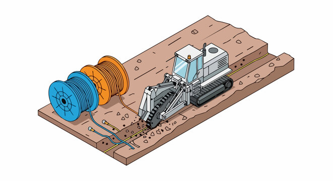 Isometric Vector Illustration of a Trenching Machine Laying Underground Fiber Optic Cables for Telecommunications Infrastructure and Broadband Internet Development
