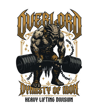 Mythical creature character with horns and scales wearing tribal gear performing a heavy deadlift exercise with a large barbell showcasing strength and  vintage gym t-shirt design