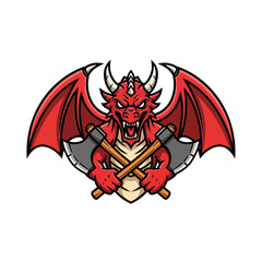 Fototapeta premium Fierce Red Dragon Mascot with Crossed Axes Illustration.