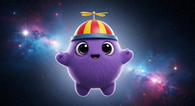 Whimsical Purple Character with Propeller Hat in Cosmic Setting.