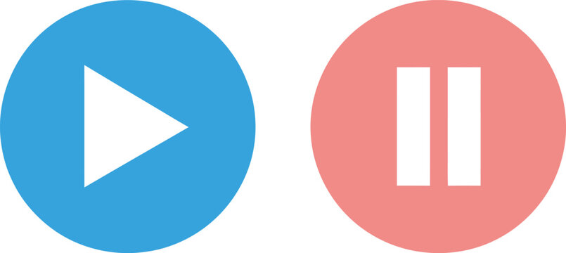 Blue play button and light red pause button icons for media control and user interface navigation