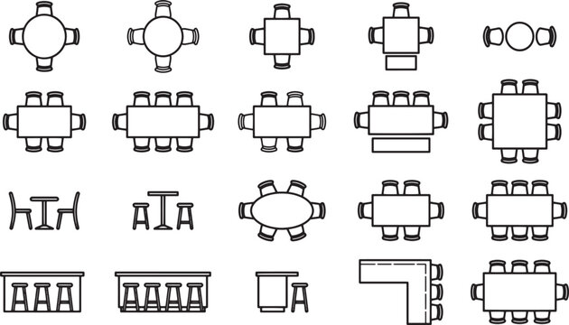 A collection of diverse table designs is presented, showcasing various shapes and sizes. This illustration highlights a range of furnishing options for architectural planning and interior design.