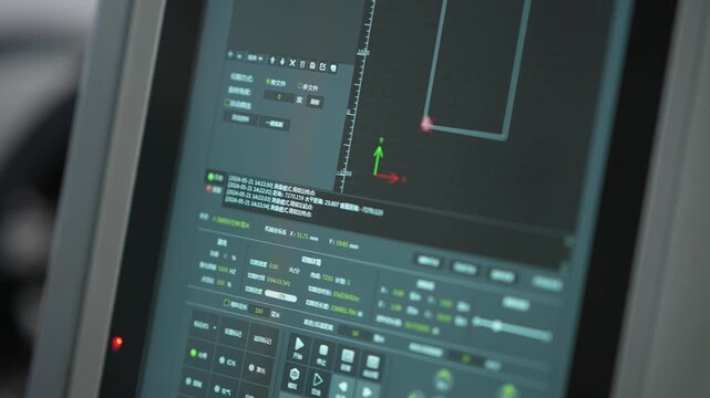 Close-up view of industrial CNC system operation interface displaying real-time control parameters and graphical coordinates