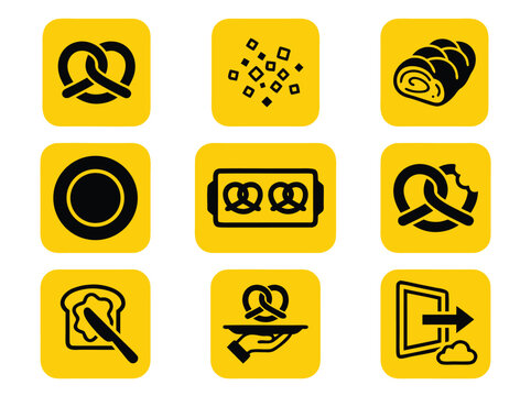 Set of bakery and food themed vector icons on yellow square backgrounds.