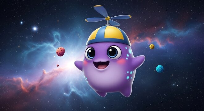 Whimsical Space Explorer - A Cute Aliens Cosmic Adventure with Propeller Hat.