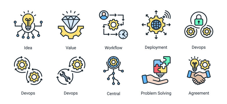 DevOps integration icon set featuring workflow,problem solving,centralized system and deployment process for efficient digital infrastructure