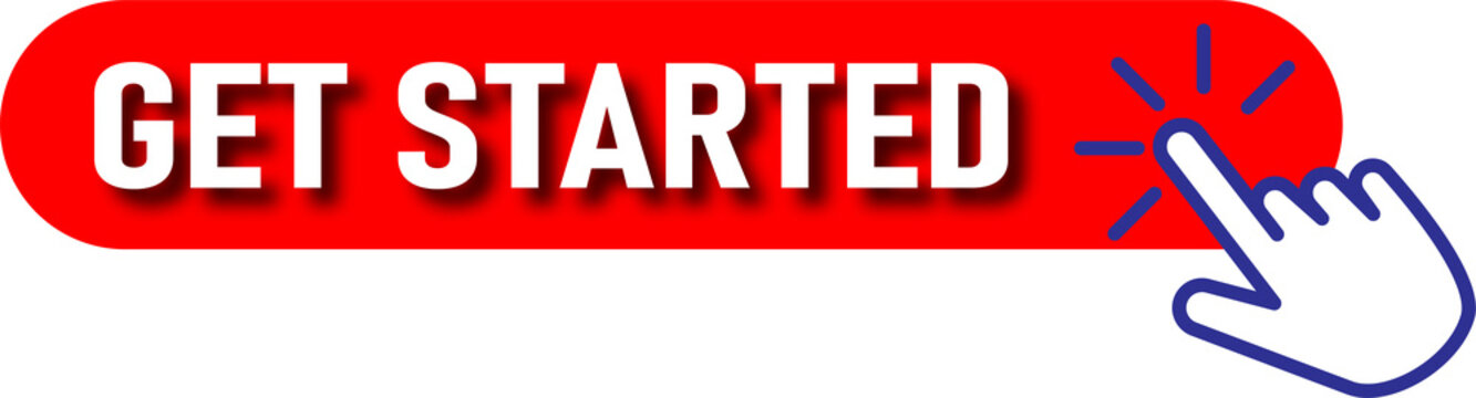 A clickable red button labeled get started with a hand cursor pointing towards it isolated on transparent background