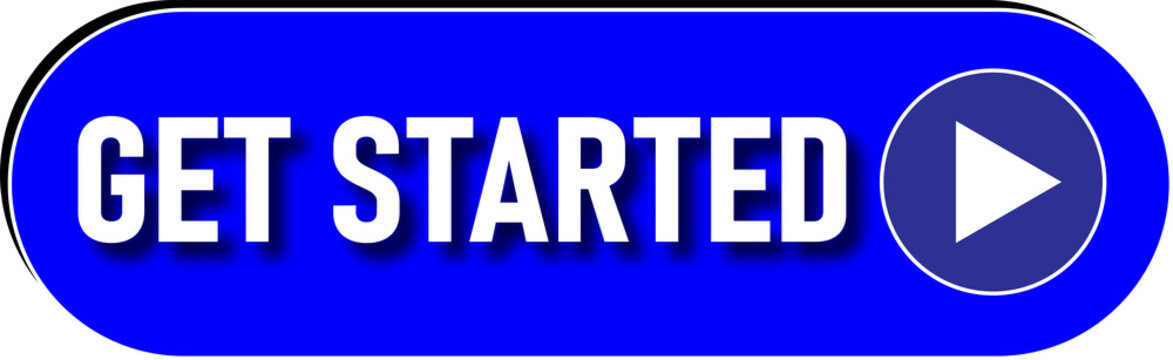 Bright blue call-to-action button labeled get started with play icon isolated on transparent background